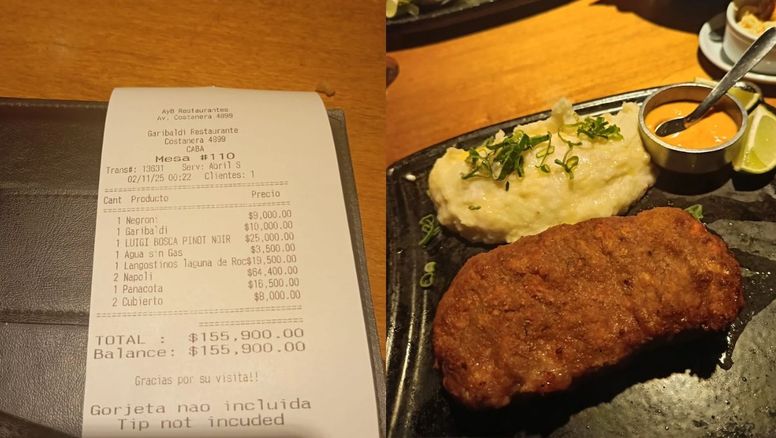 Fue al restaurante Garibaldi, pidió milanesa, langostinos y mostró el ticket final