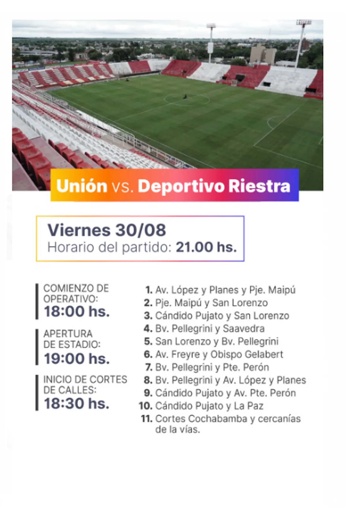 Unión vs. Riestra: todos los cortes y desvíos de calles en la zona del estadio "15 de Abril". Unión vs. Riestra: todos los cortes y desvíos de calles en la zona del estadio "15 de Abril".