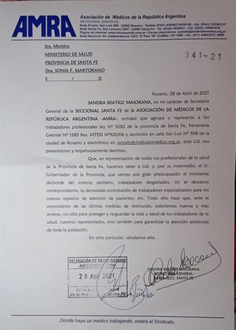 Los profesionales nucleados en Amra manifestaron su preocupación por el inminente desborde sanitario y solicitaron a la provincia mayores restricciones.