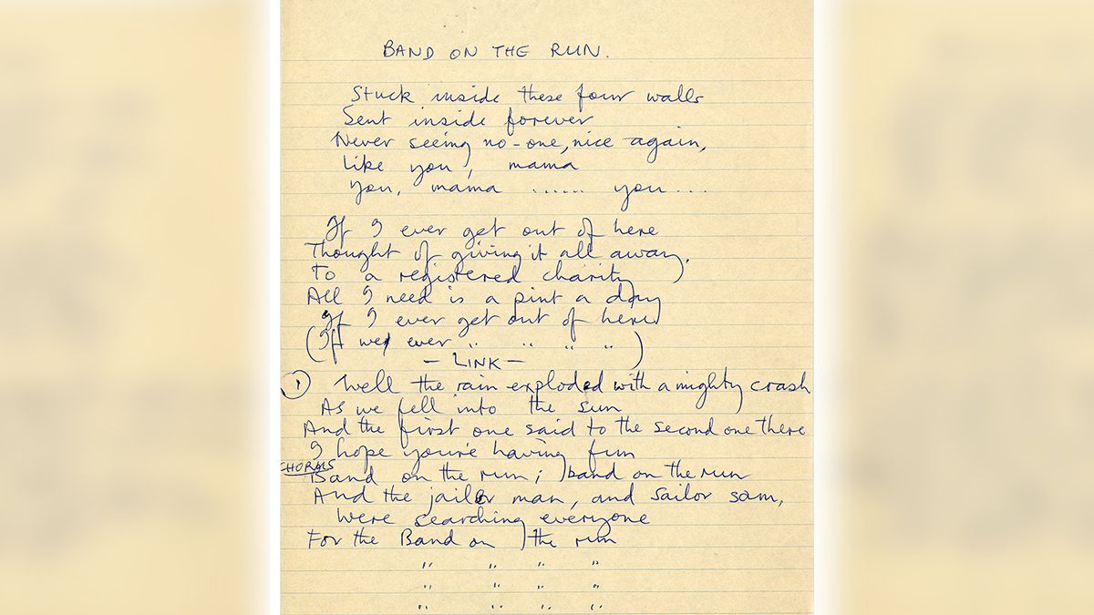 El manuscrito de Band on the Run, uno de sus grandes clásicos editado en el disco debut de Wings, la banda que formó McCartney tras la disolución de Los Beatles.