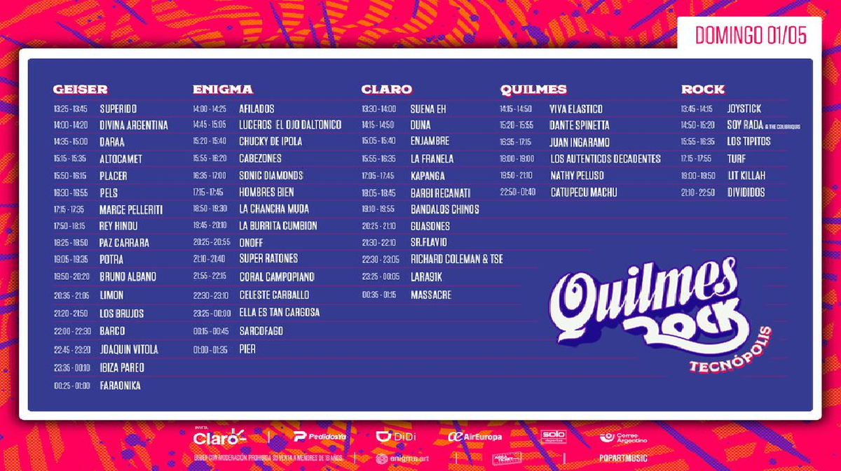 Grilla del día domingo en Quilmes Rock