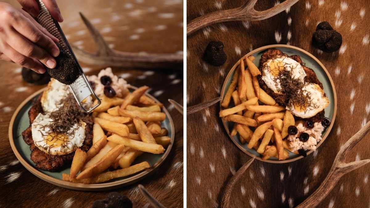 Milanesa de ciervo a caballo con huevo trufado, papas triple cocción y pickles de la huerta. Milanesa de ciervo a caballo con huevo trufado, papas triple cocción y pickles de la huerta.