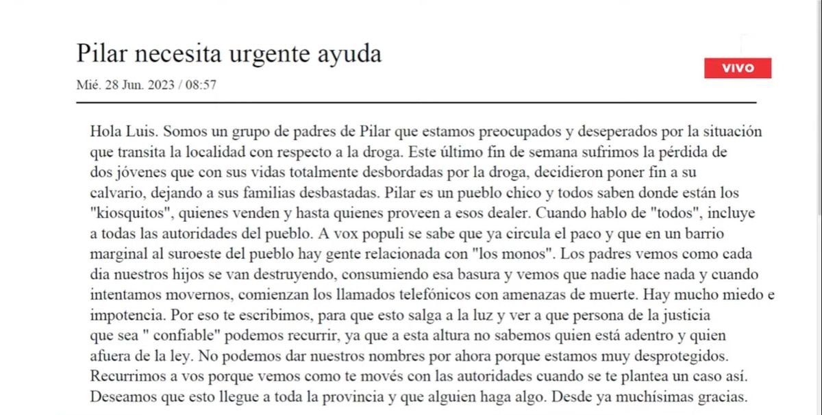 El mensaje de los vecinos de la localidad de Pilar que llegó a AIRE.