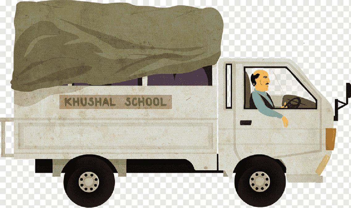 Ilustración del transporte escolar en donde viajaba Malala y sus compañeras a la escuela. Sin ventanas, con una lona que cubría a las estudiantes.