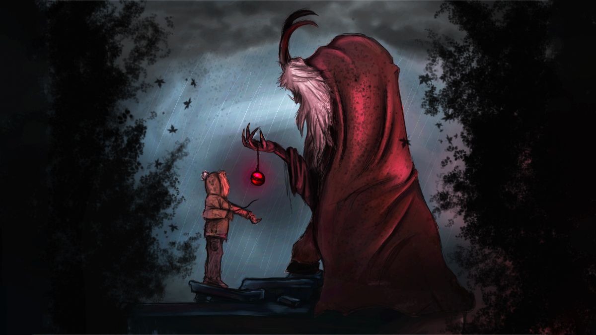 Krampus es una criatura de orejas de elfo y unos grandes cuernos.