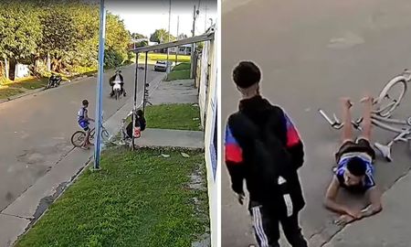 Un motociclista intentó asustar a un nene en bicicleta y lo arrastró varios metros. (Captura video: Facebook/Rojas Ciudad). Un motociclista intentó asustar a un nene en bicicleta y lo arrastró varios metros. (Captura video: Facebook/Rojas Ciudad).