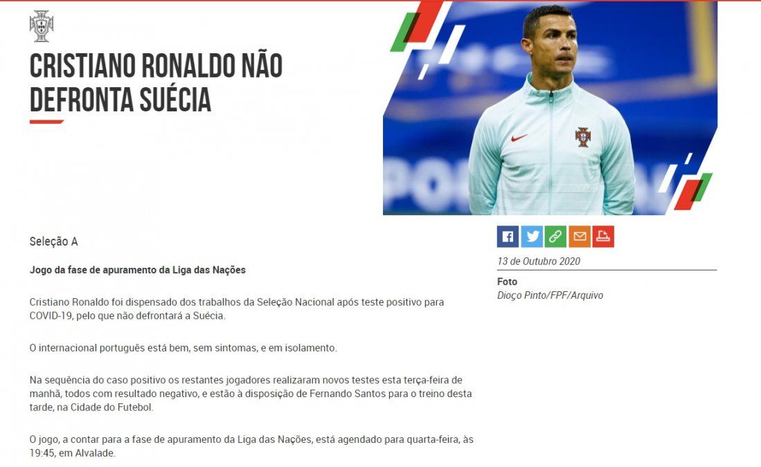 La noticia que subió la Federación Portuguesa de Fútbol en su sitio web.