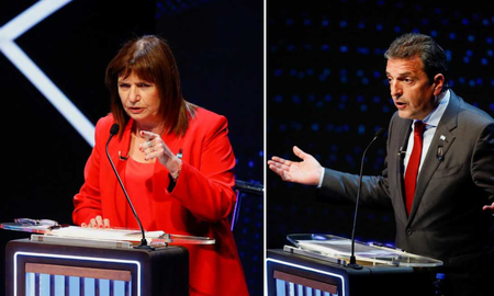 Fuerte cruce entre Patricia Bullrich y Sergio Massa por el Previaje durante el debate presidencial 2023. Fuerte cruce entre Patricia Bullrich y Sergio Massa por el Previaje durante el debate presidencial 2023.