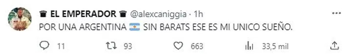 Alex Caniggia mostró su apoyo por Javier Milei. Alex Caniggia mostró su apoyo por Javier Milei.