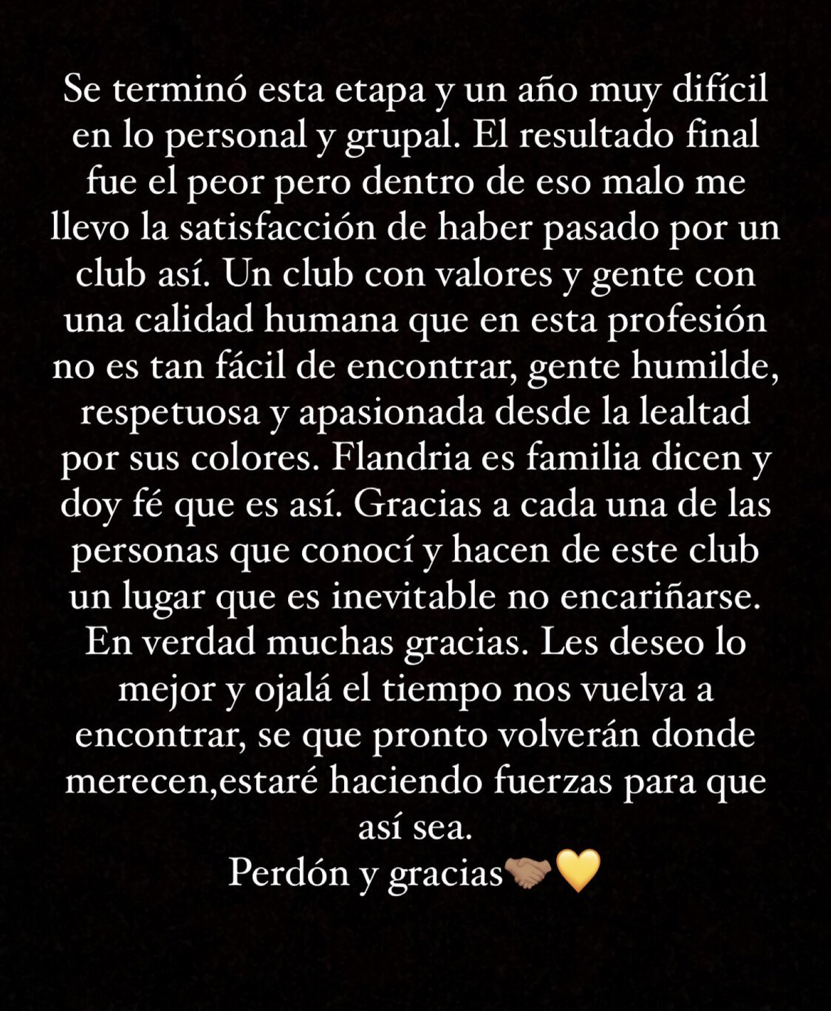 Marcos Fernández se despidió de Flandria con un emotivo mensaje. Marcos Fernández se despidió de Flandria con un emotivo mensaje.