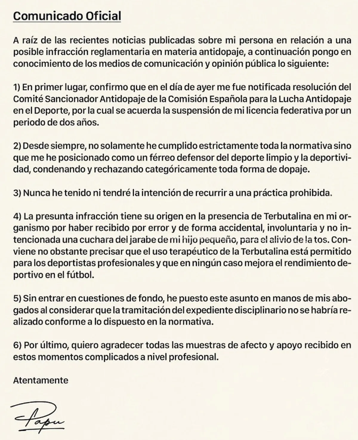 El comunicado que publicó el Papu Gómez a través de sus redes sociales. El comunicado que publicó el Papu Gómez a través de sus redes sociales.