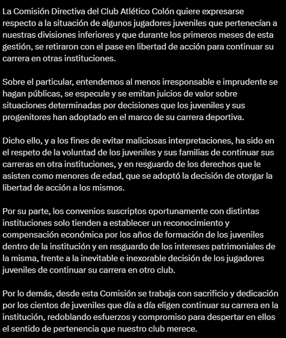El comunicado completo del club Colón. El comunicado completo del club Colón.