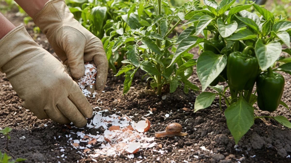 Cáscaras de huevo en la tierra.