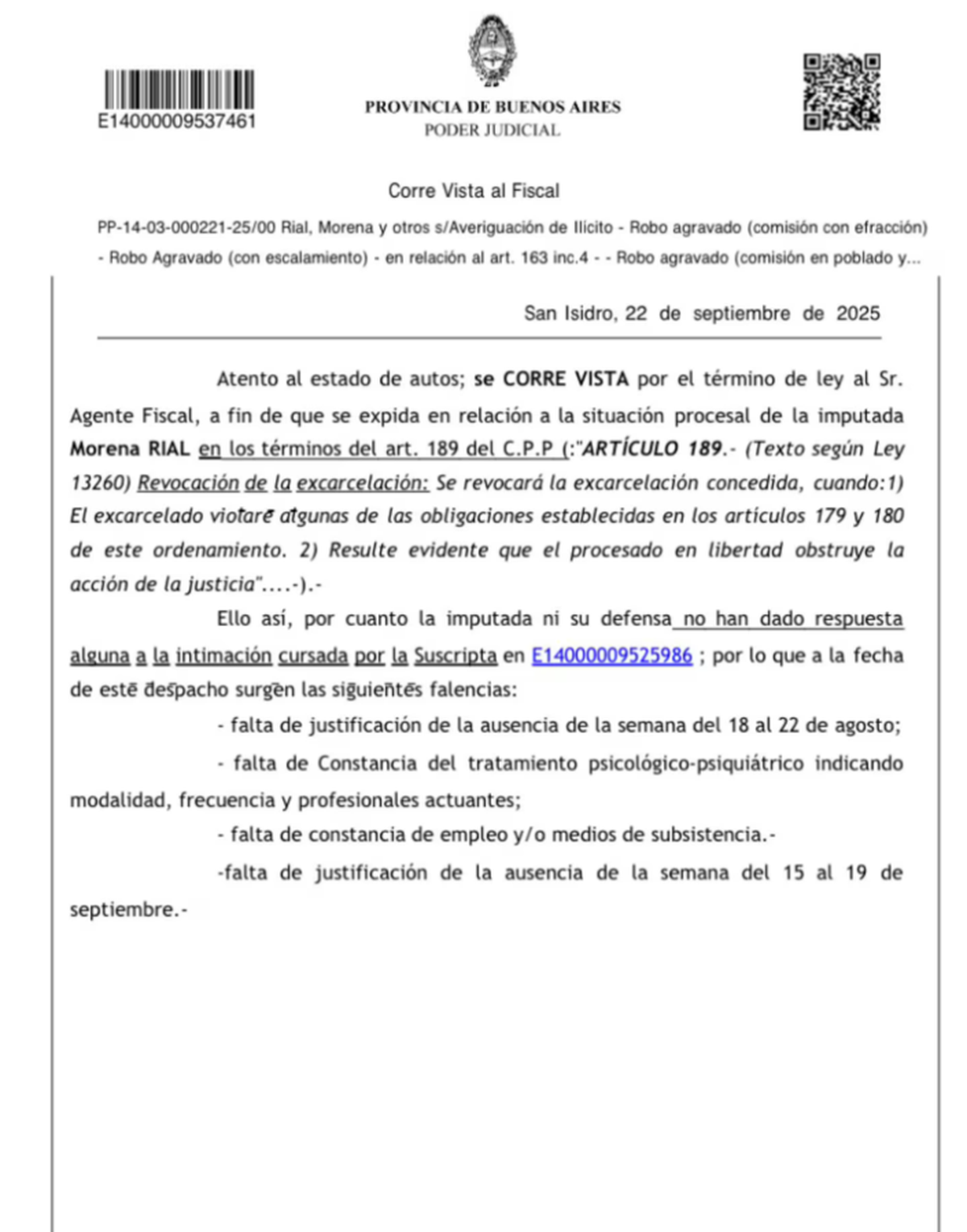 El informe oficial sobre Morena Rial que compartió el Poder Judicial de la provincia de Buenos Aires. El informe oficial sobre Morena Rial que compartió el Poder Judicial de la provincia de Buenos Aires.
