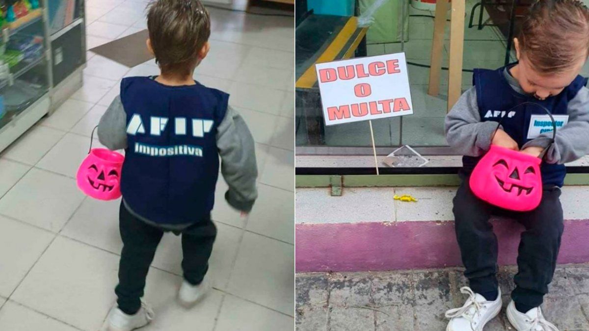 Un niño que salió a buscar dulces vestido con un chaleco similar al que usan los inspectores de la Administración Federal de Ingresos Públicos (AFIP).n niño que salió a buscar dulces vestido con un chaleco similar al que usan los inspectores de la Administración Federal de Ingresos Públicos (AFIP).