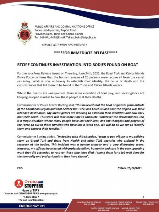 Comunicado de prensa de policia de Turks and Caicos.