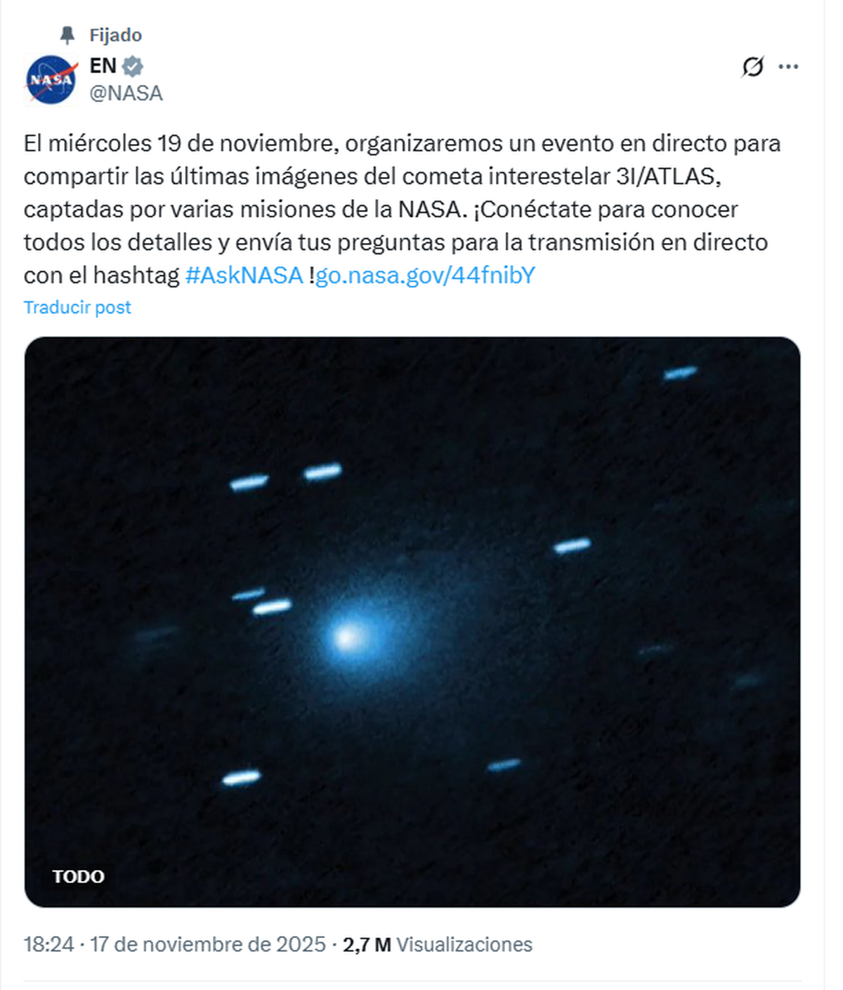 Comunicado oficial de la NASA sobre el cometa 3I ATLAS.