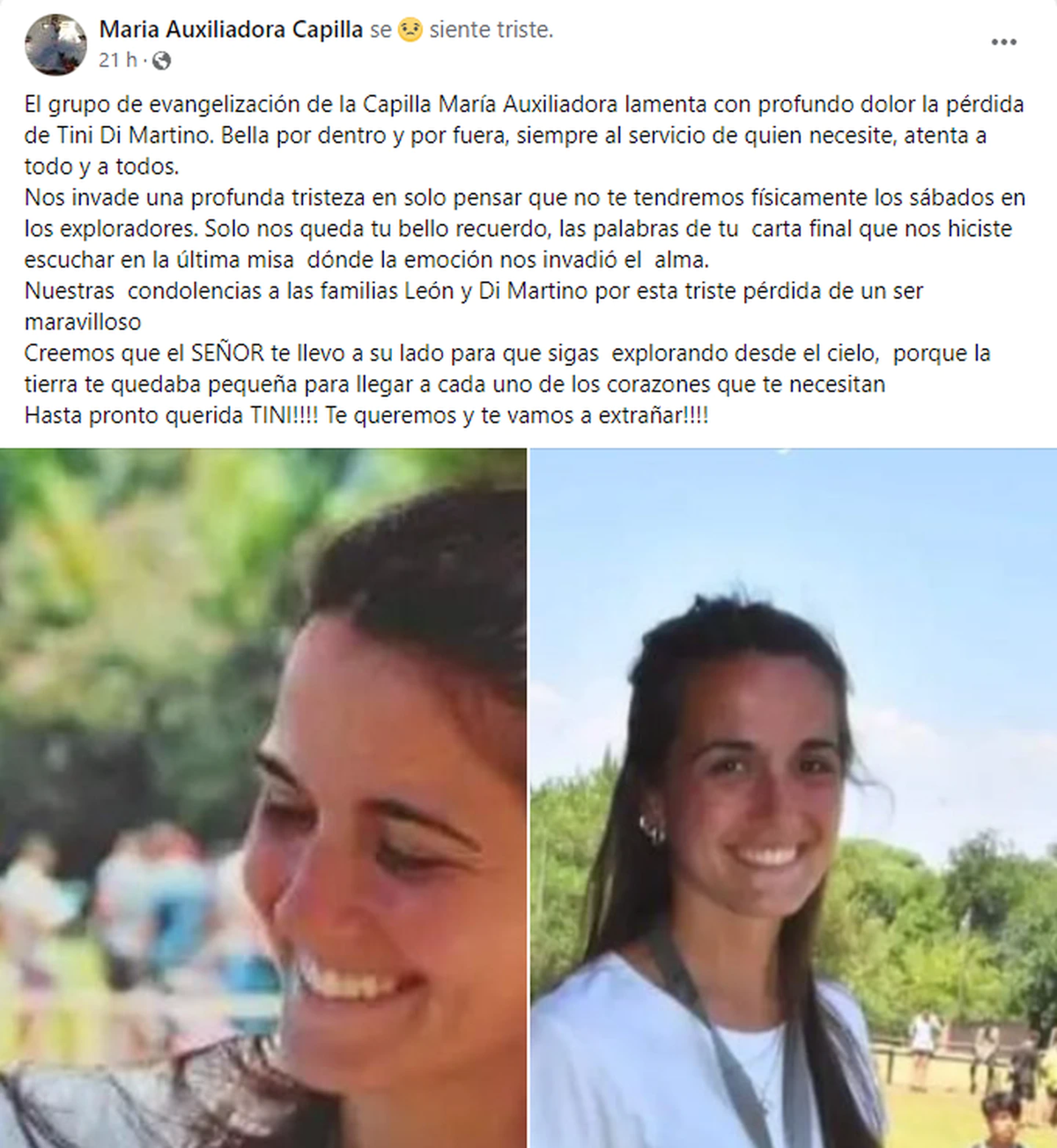 Agustina integraba el grupo de exploradores de Don Bosco, con el que se reunía en el predio de la Capilla María Auxiliadora. Aquí, el mensaje de despedida de la agrupación. 
