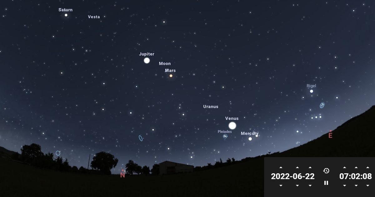 Así se verá el cielo en Santa Fe el miércoles 22 de junio a las 7 de la mañana.