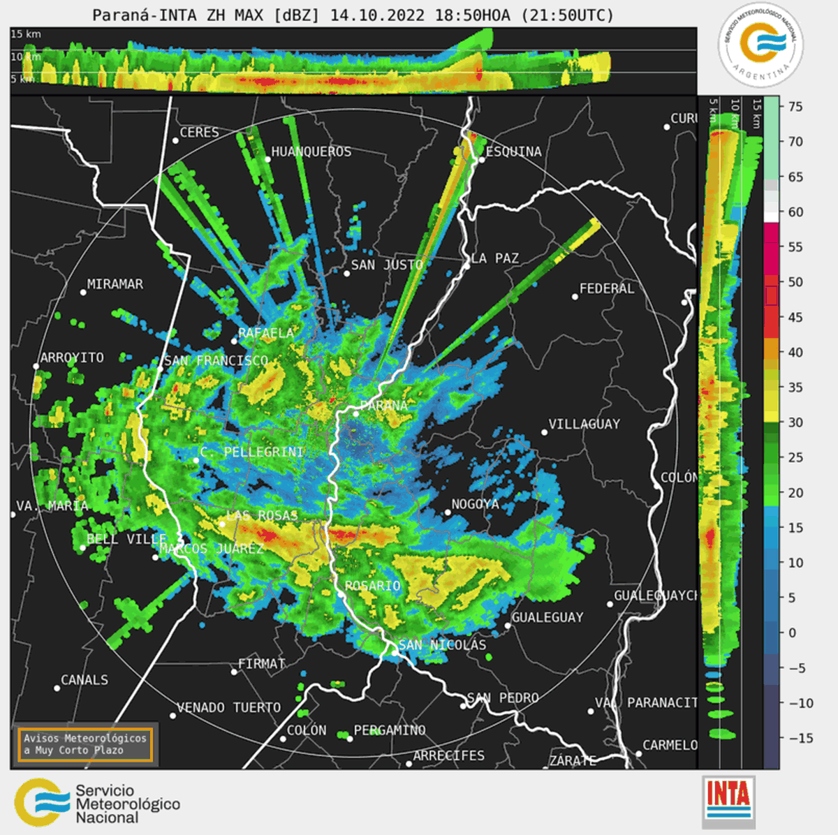 Se producen lluvias de variada intensidad, predominando las lluvias leves (visible en la imagen de radar).