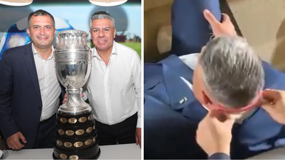 Video: Quién es el dirigente que le pasó la toalla por el cuello a Chiqui Tapia en pleno partido de Argentina