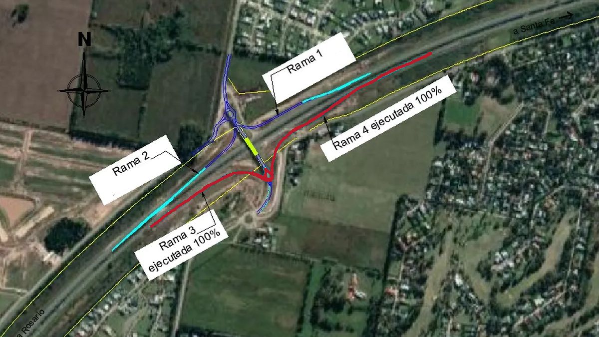 En rojo, los ramales 3 y 4 del intercambiador de la Autopista Rosario-Santa Fe que este lunes quedan habilitados al tránsito. 