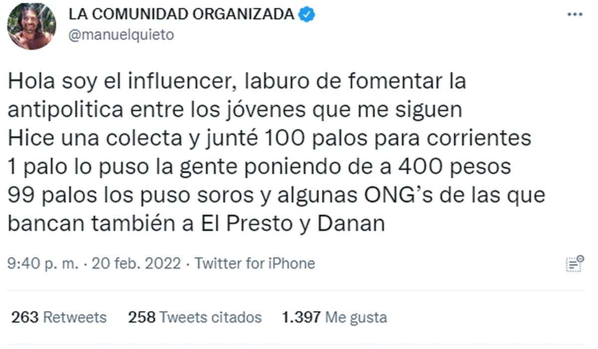 Mensaje compartido en las redes sociales.