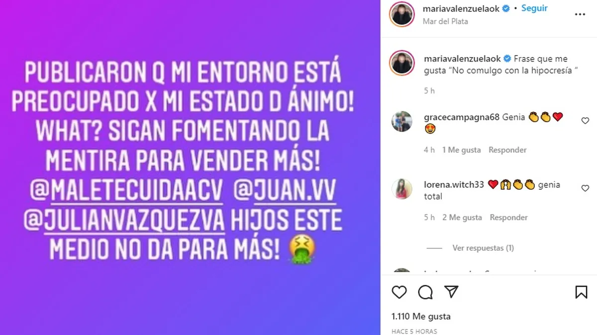 El descargo de Mar&iacute;a Valenzuela en su Instagram.