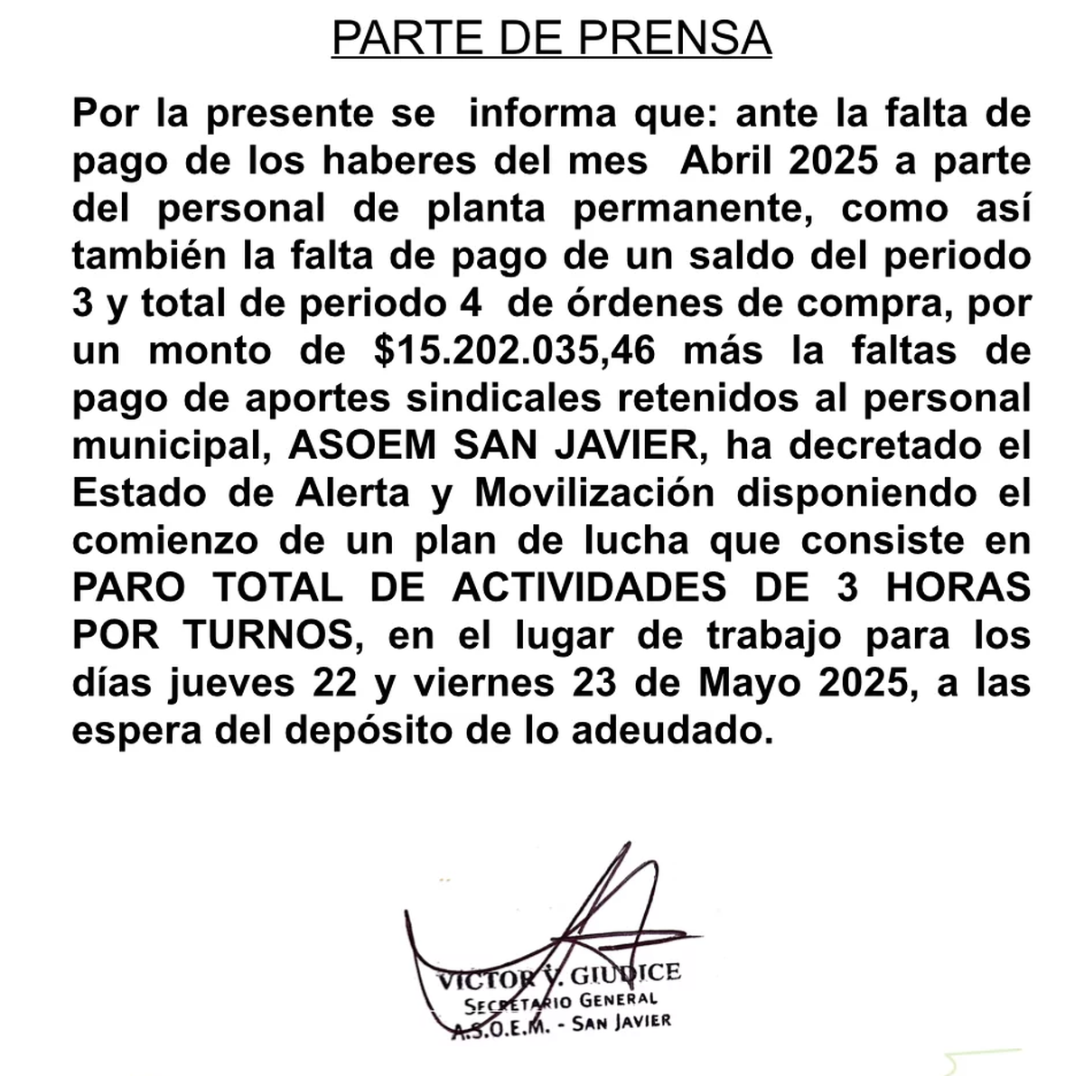 El comunicado de Asoem San Javier que daba cuenta los motivos de las medidas de fuerzas adoptadas.