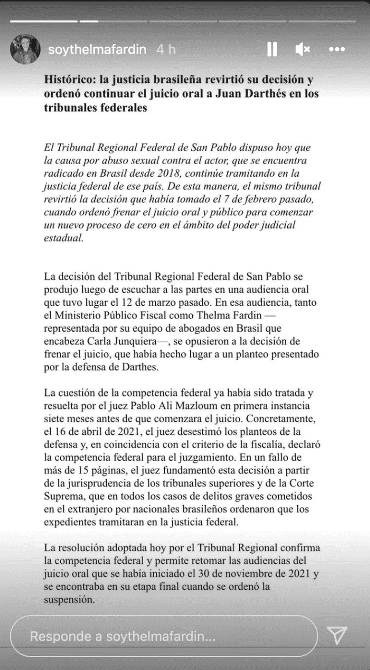 Thelma Fardin indic&oacute; que se retomar&aacute; el juicio contra Juan Darth&eacute;s.