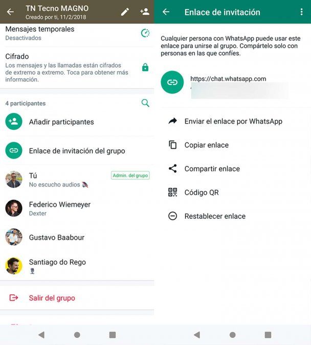 La opción de invitar a un grupo, sin agregar directamente a las personas