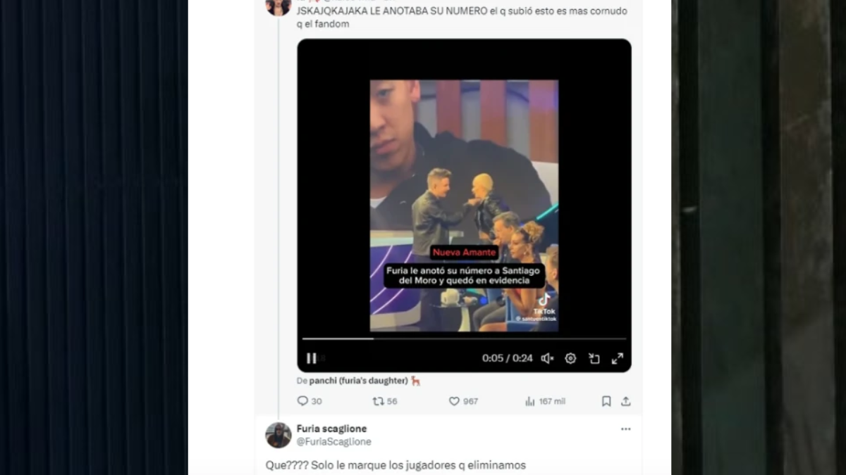 Captura de un video viral de 2024 en el que Furia supuestamente le escribe su número de teléfono a Santiago del Moro durante una pausa publicitaria en una gala de Gran Hermano.