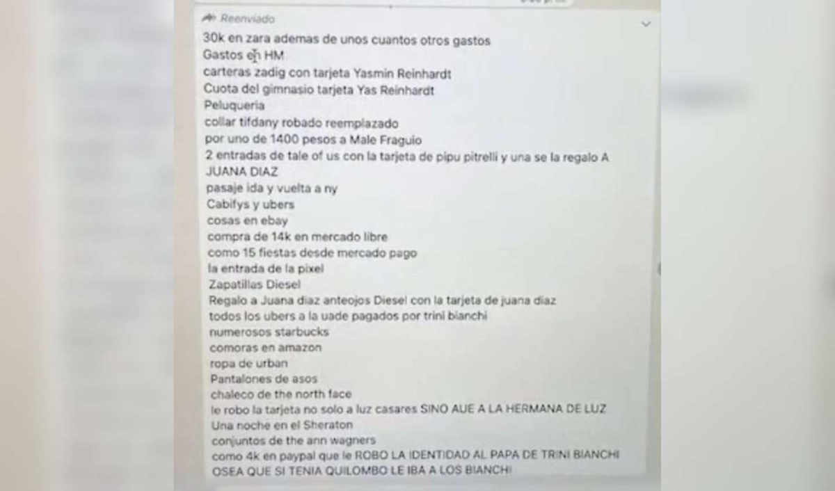 El listado de los gastos que habría hecho Lola Meyer. (Foto: Twitter/@eeemiliano)