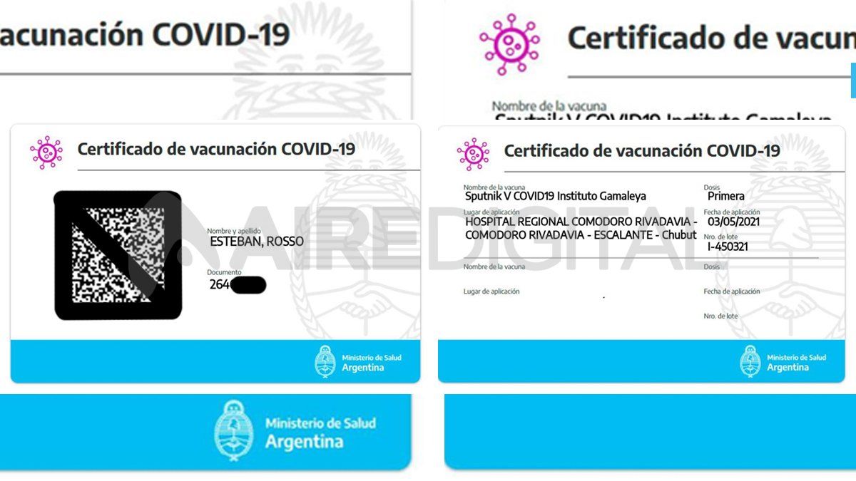 El certificado de vacunación con el que se encontró Rosso en la aplicación Mi Argentina. 
