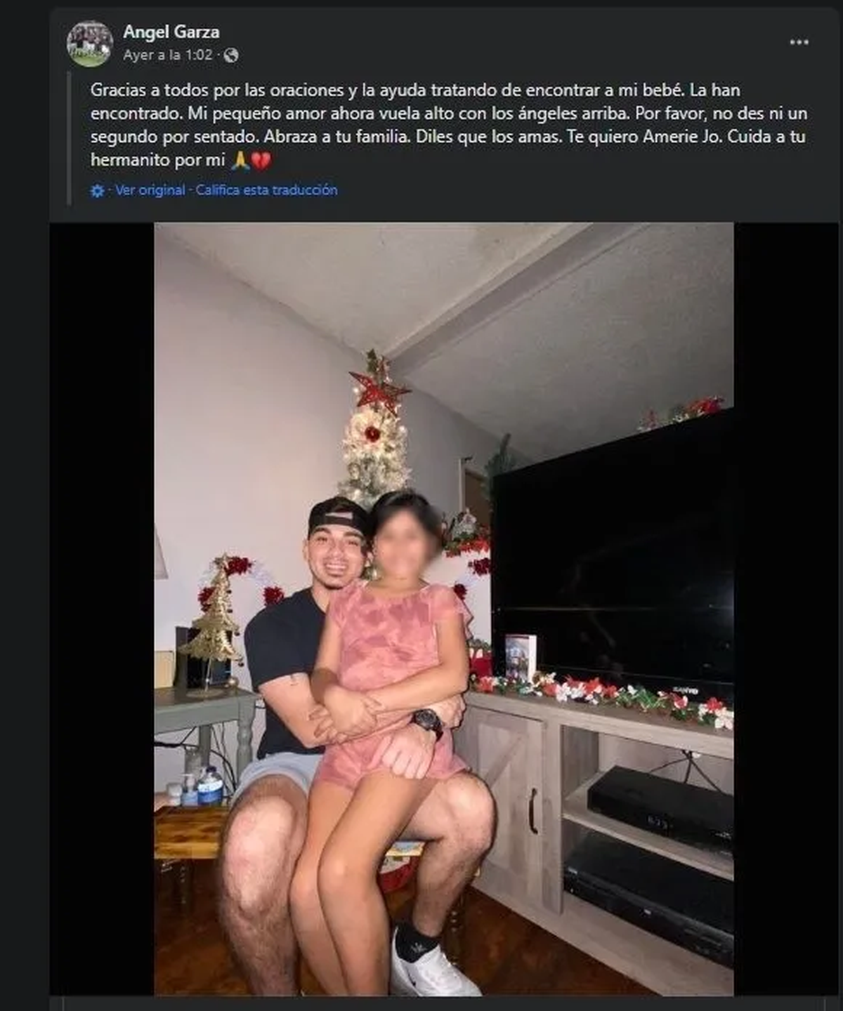 La publicación del padre Amerie Jo Garza tras el crimen (Facebook).