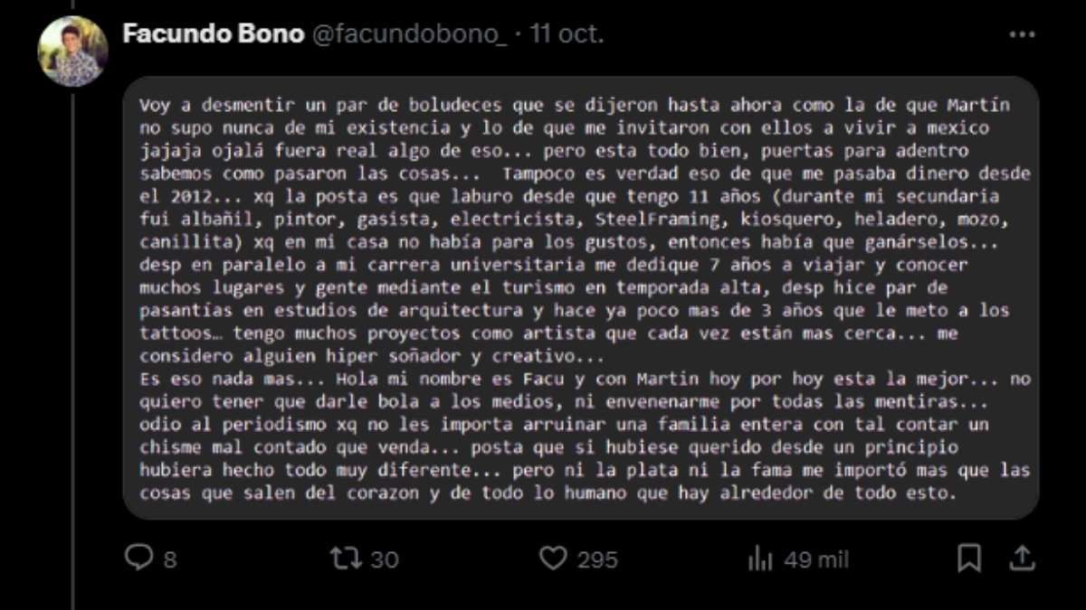 La palabra de Facundo Bono tras su exposición en los medios. La palabra de Facundo Bono tras su exposición en los medios.