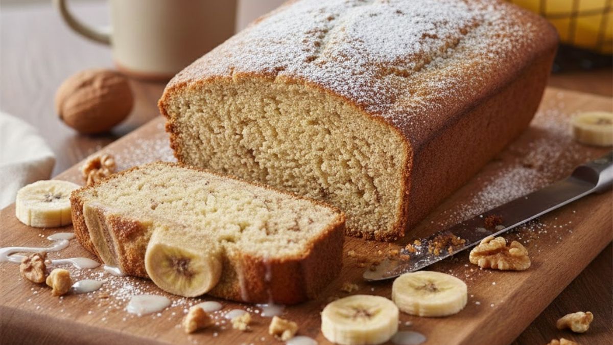 Budín de banana húmedo y esponjoso con ingredientes básicos de la cocina.