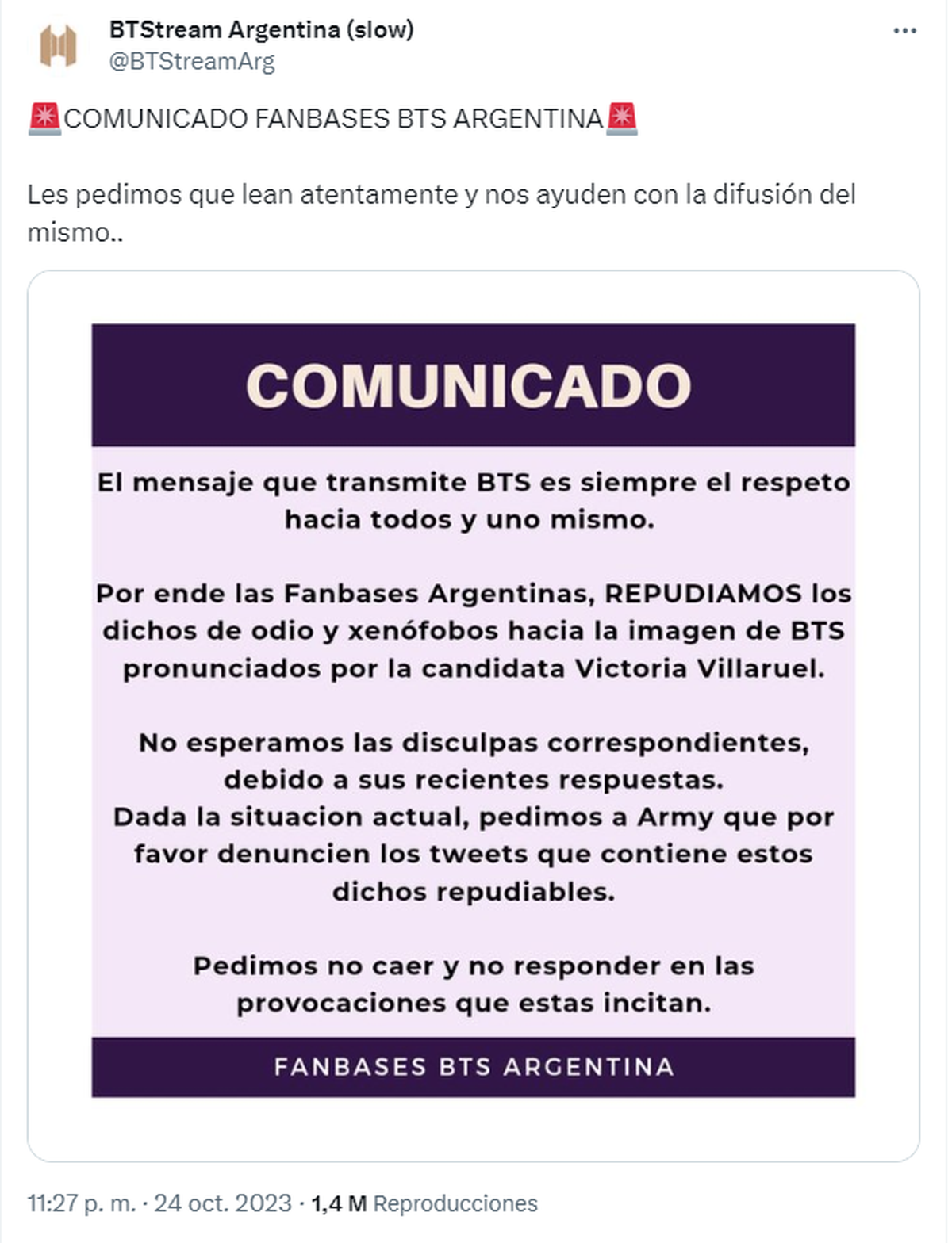 Varios grupos de fans de BTS emitieron un comunicado repudiando los dichos de la candidata a vicepresidente de La Libertad Avanza. Varios grupos de fans de BTS emitieron un comunicado repudiando los dichos de la candidata a vicepresidente de La Libertad Avanza.