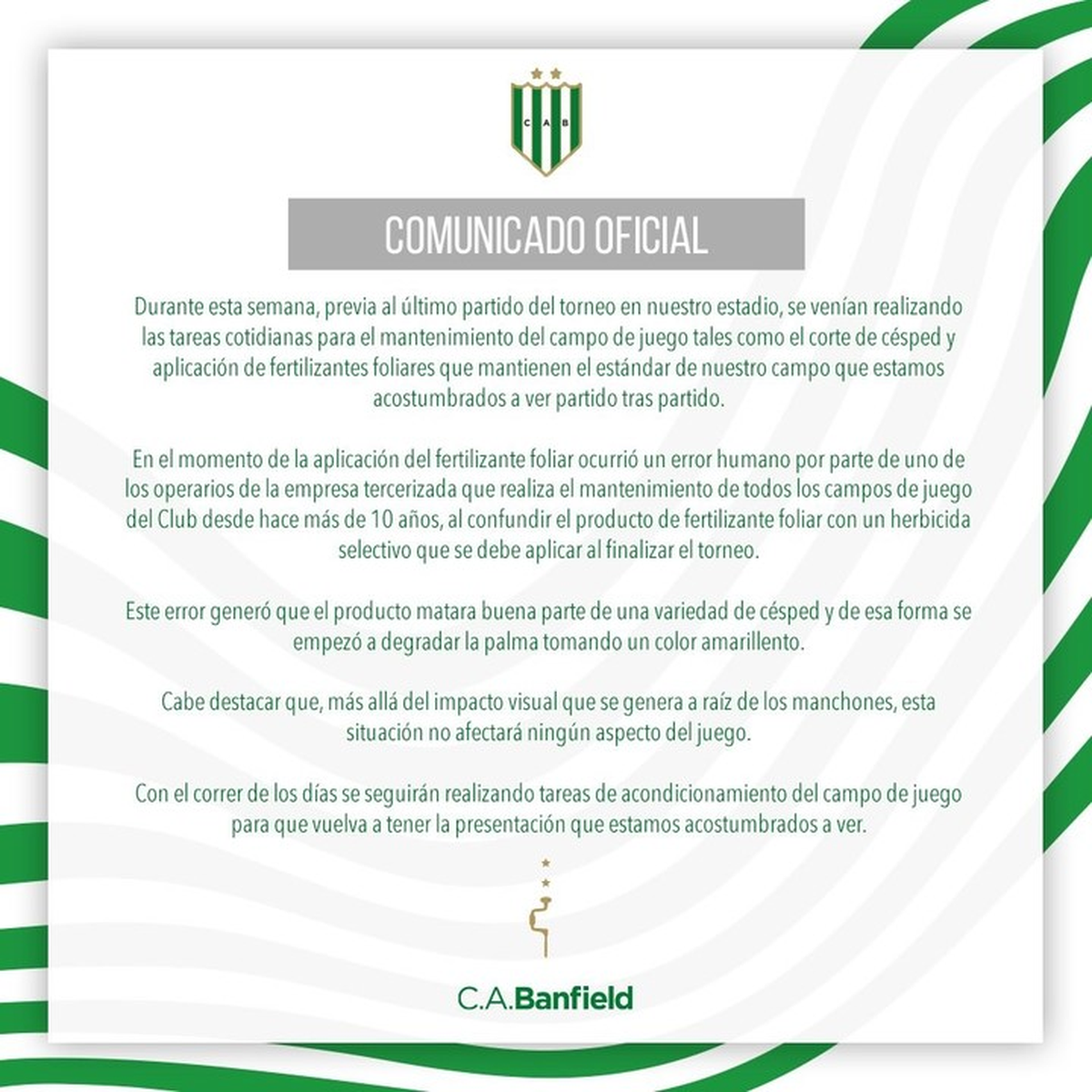 Comunicado oficial de Club Atlético Banfield. Comunicado oficial de Club Atlético Banfield.