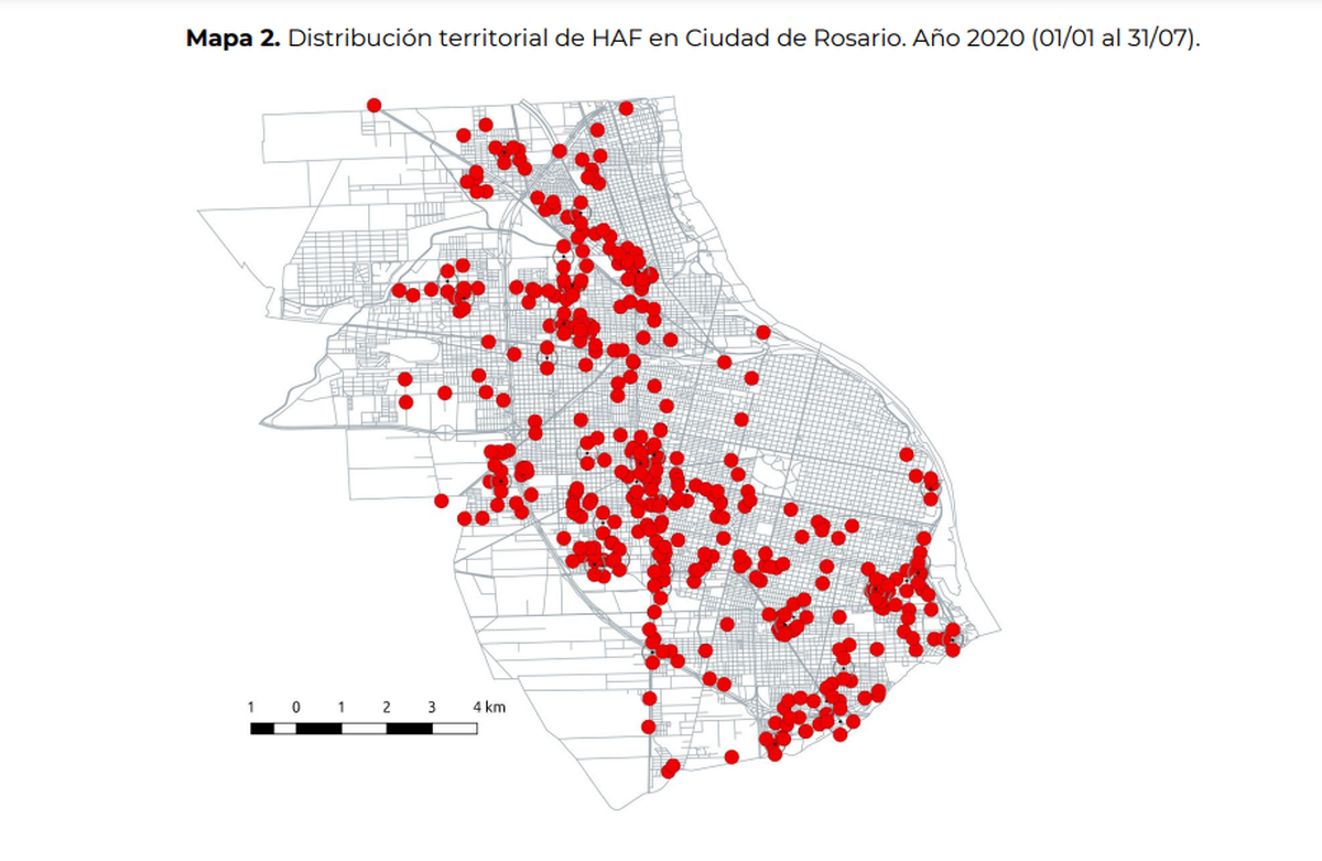 Dos a&ntilde;os atr&aacute;s: distribuci&oacute;n territorial de los heridos por arma de fuego en Rosario entre enero y julio de 2020.