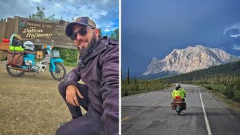 Después de cinco años en la ruta, el santafesino Pablito Viajero llegó a Alaska en su moto Honda Econo Power.