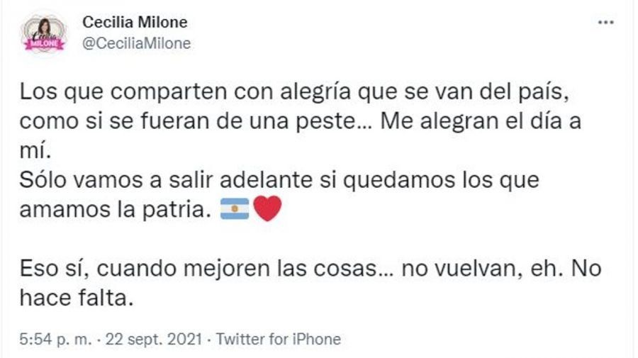 Qué dijo Cecilia Milone sobre los argentinos que se van del país.
