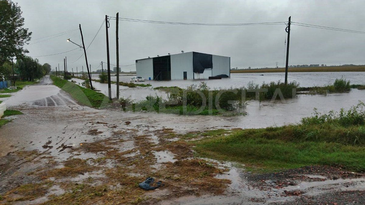 En el ingreso a Gálvez puede verse la ruta inundada, e incluso las calles de la ciudad están anegadas.
