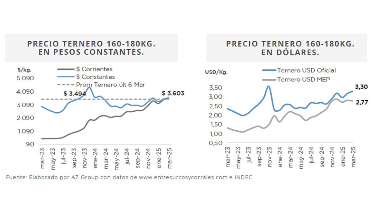 El precio del ternero (170 kg) en marzo fue de $3.600 por kilo, superando el promedio de los últimos seis años tanto en pesos constantes como en dólares MEP El precio del ternero (170 kg) en marzo fue de $3.600 por kilo, superando el promedio de los últimos seis años tanto en pesos constantes como en dólares MEP