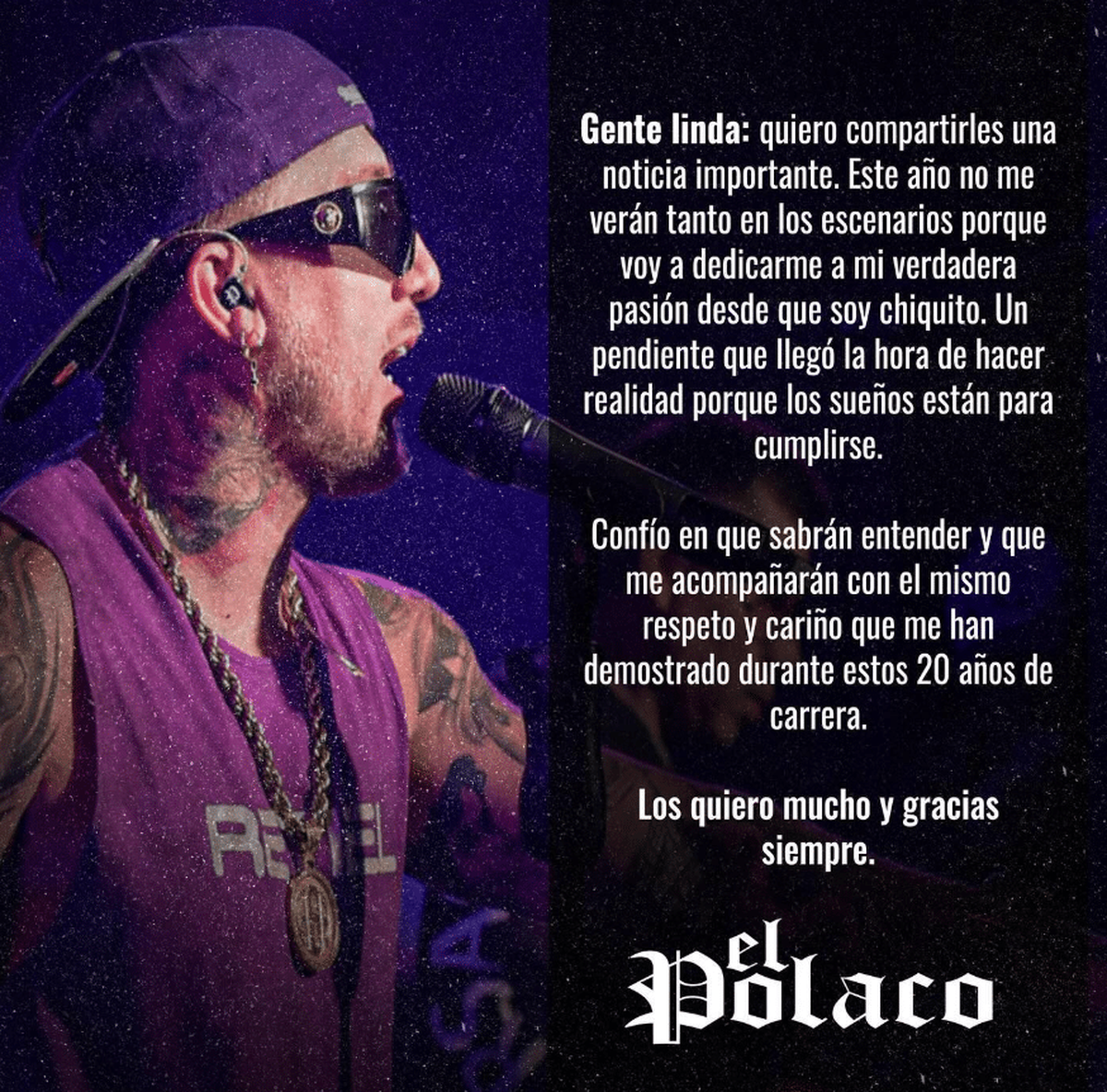 El Polaco anunció que se distancia de los escenarios temporalmente. El Polaco anunció que se distancia de los escenarios temporalmente.
