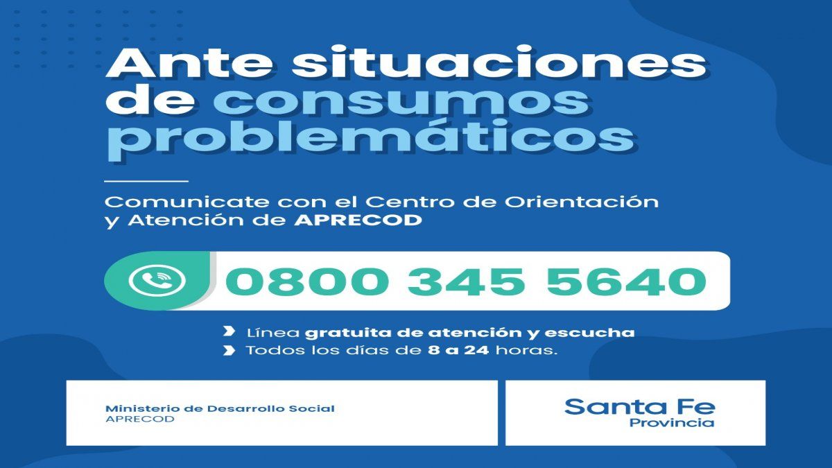 El centro de atención para las personas con consumos problemáticos funciona los 365 días del año de 8 a 24, y se contacta a través del 0800-345-5640.