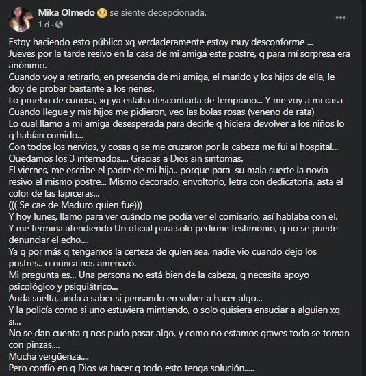 Madre recibió una torta envenenada. (Foto: Facebook Mika Olmedo)