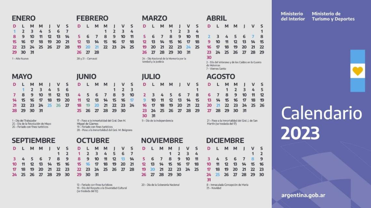 Calendario oficial del 2023: dos meses seguidos habrá fin de semana largo.