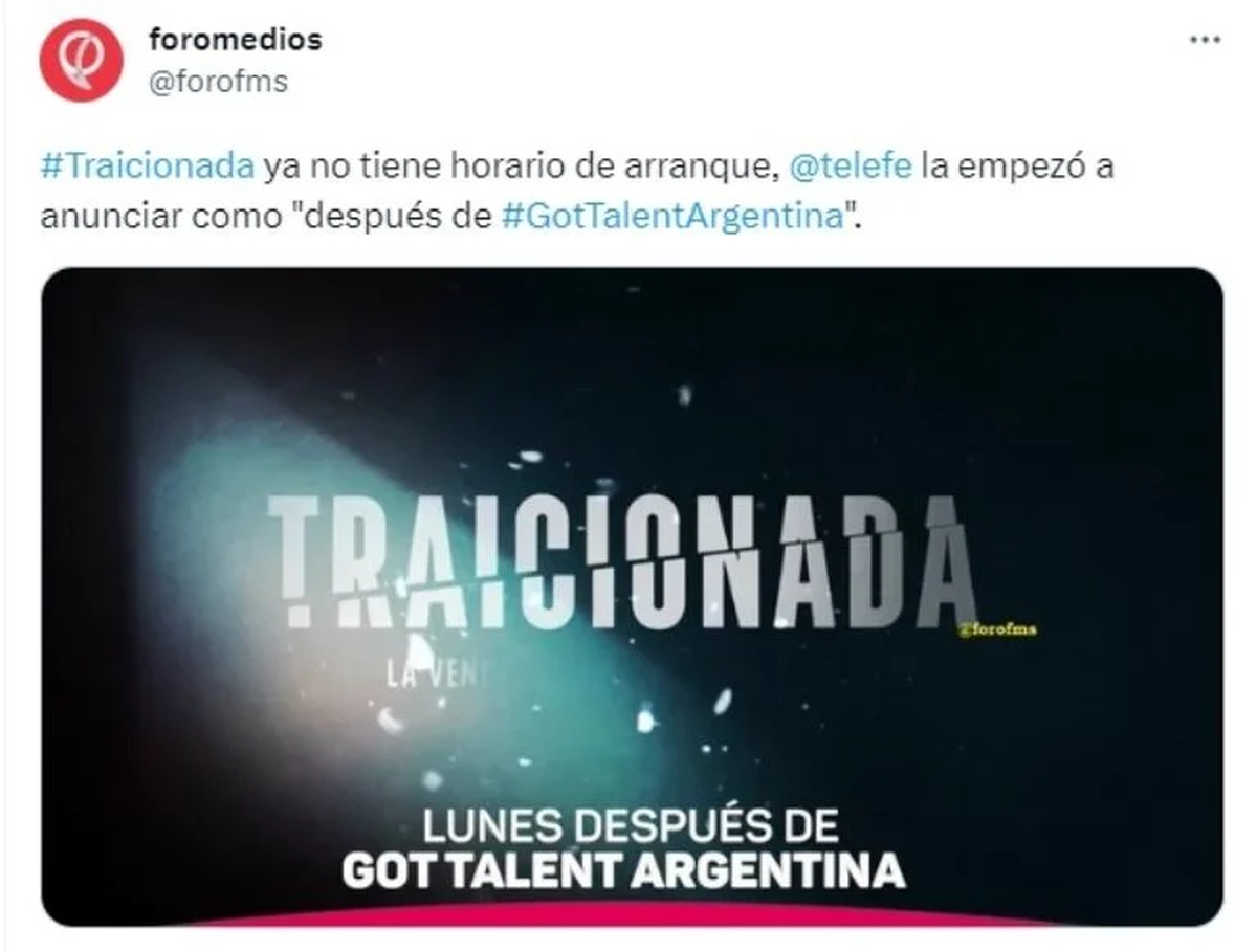 Traicionada irá por Telefe después de Got Talent Argentina. Traicionada irá por Telefe después de Got Talent Argentina.