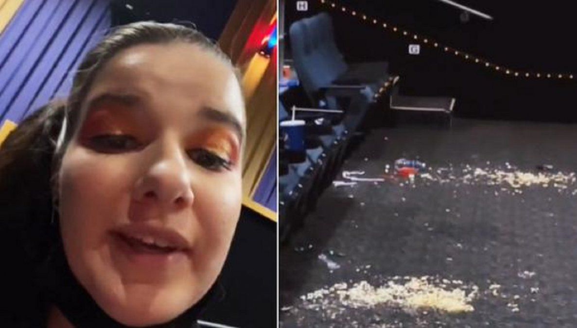 Empleada de cine se volvió viral al mostrar la gran mugre que hay después de una proyección.
